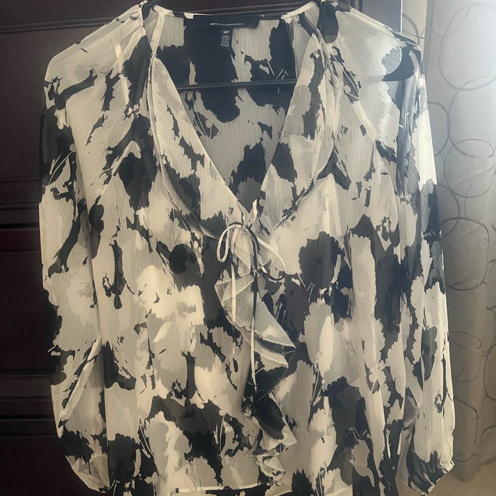 White House Black Market Abstract Black and White Blouse
